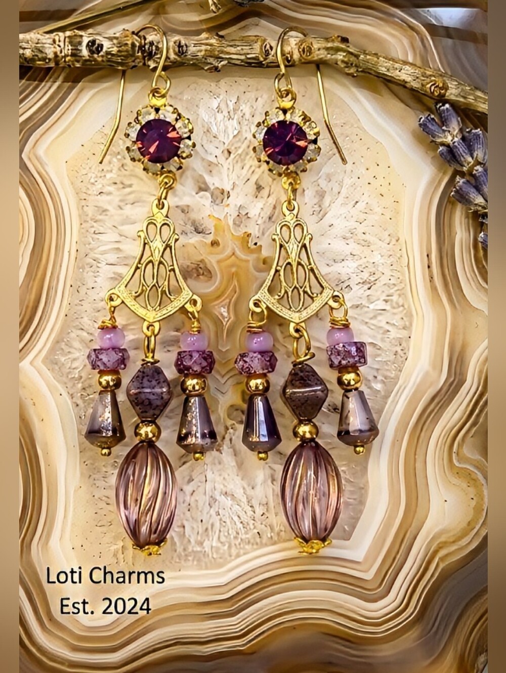 Victorian Opaline Purple W/ Crystal Flowers In 3 Strands Long GP Earrings